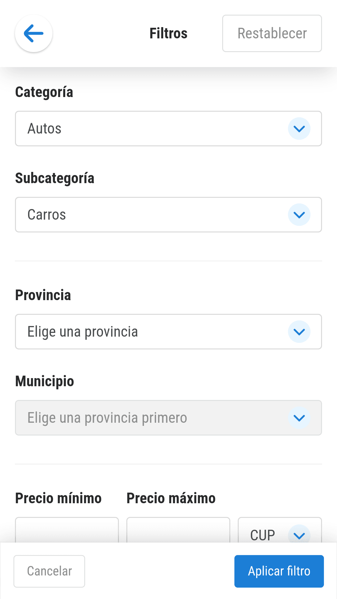 Revolico mobile filter panel