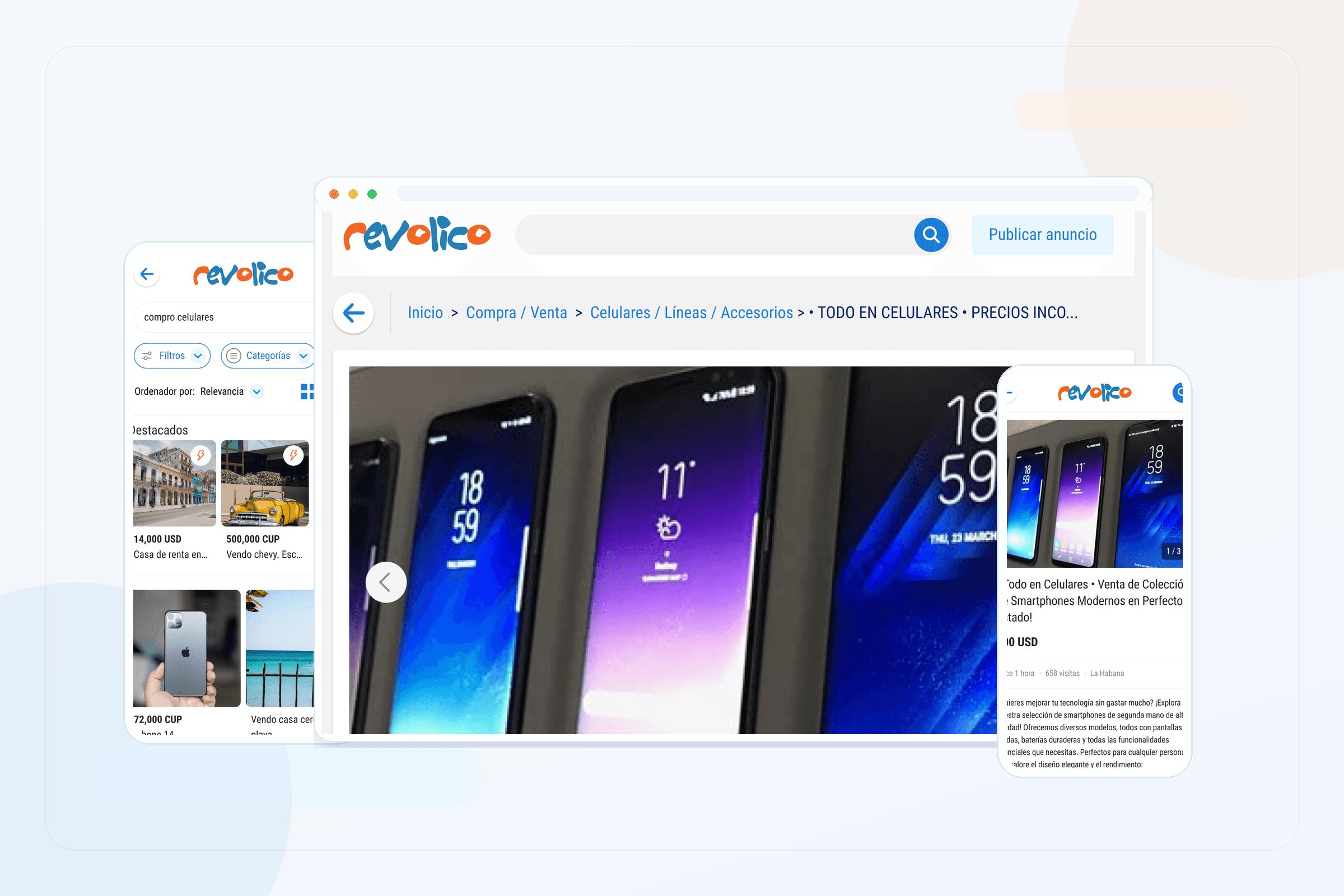 Revolico responsive marketplace overview showing desktop category browsing with mobile search and listing detail screens