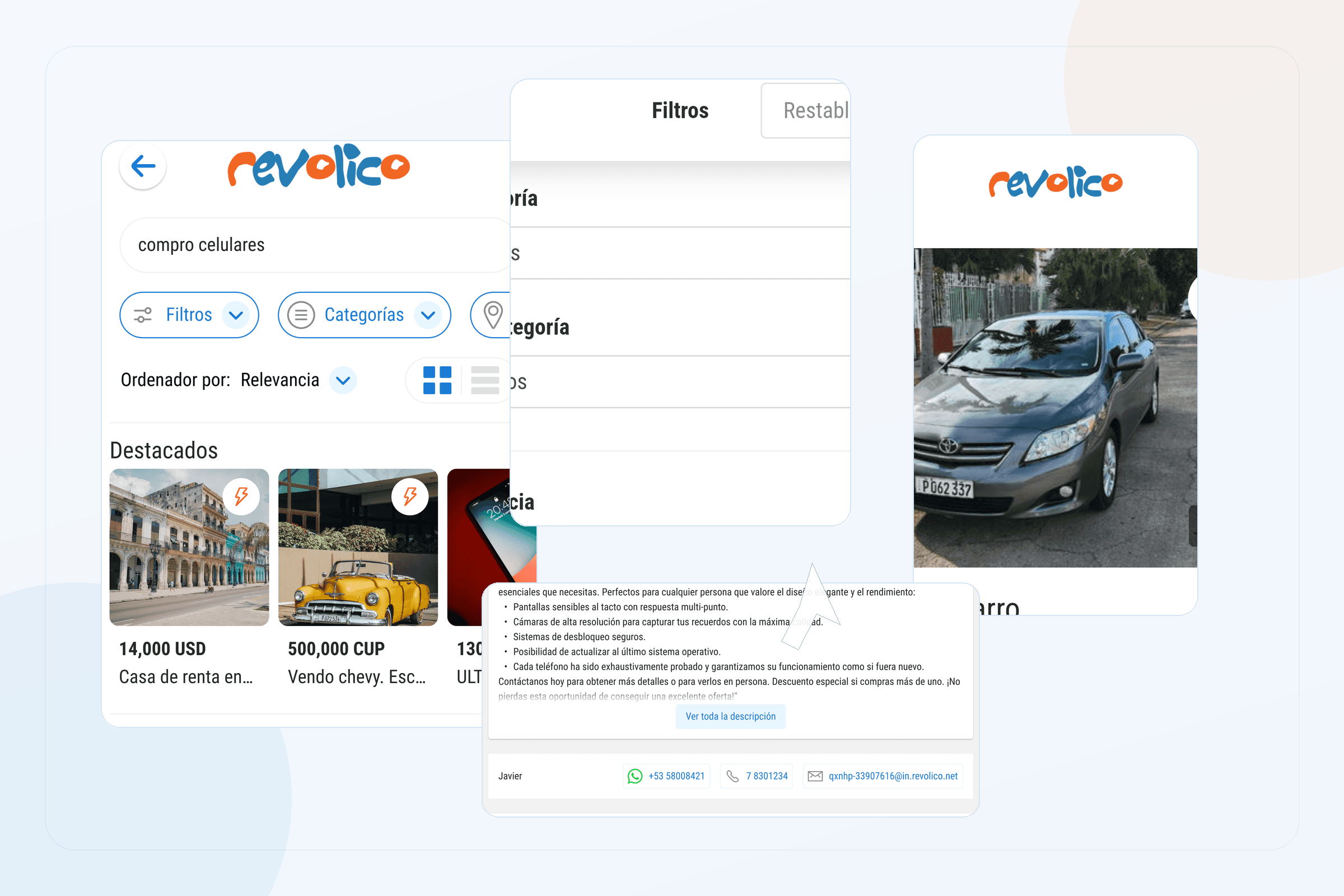 Revolico admin and UI system surfaces showing product operations, tables, forms, and component snapshots