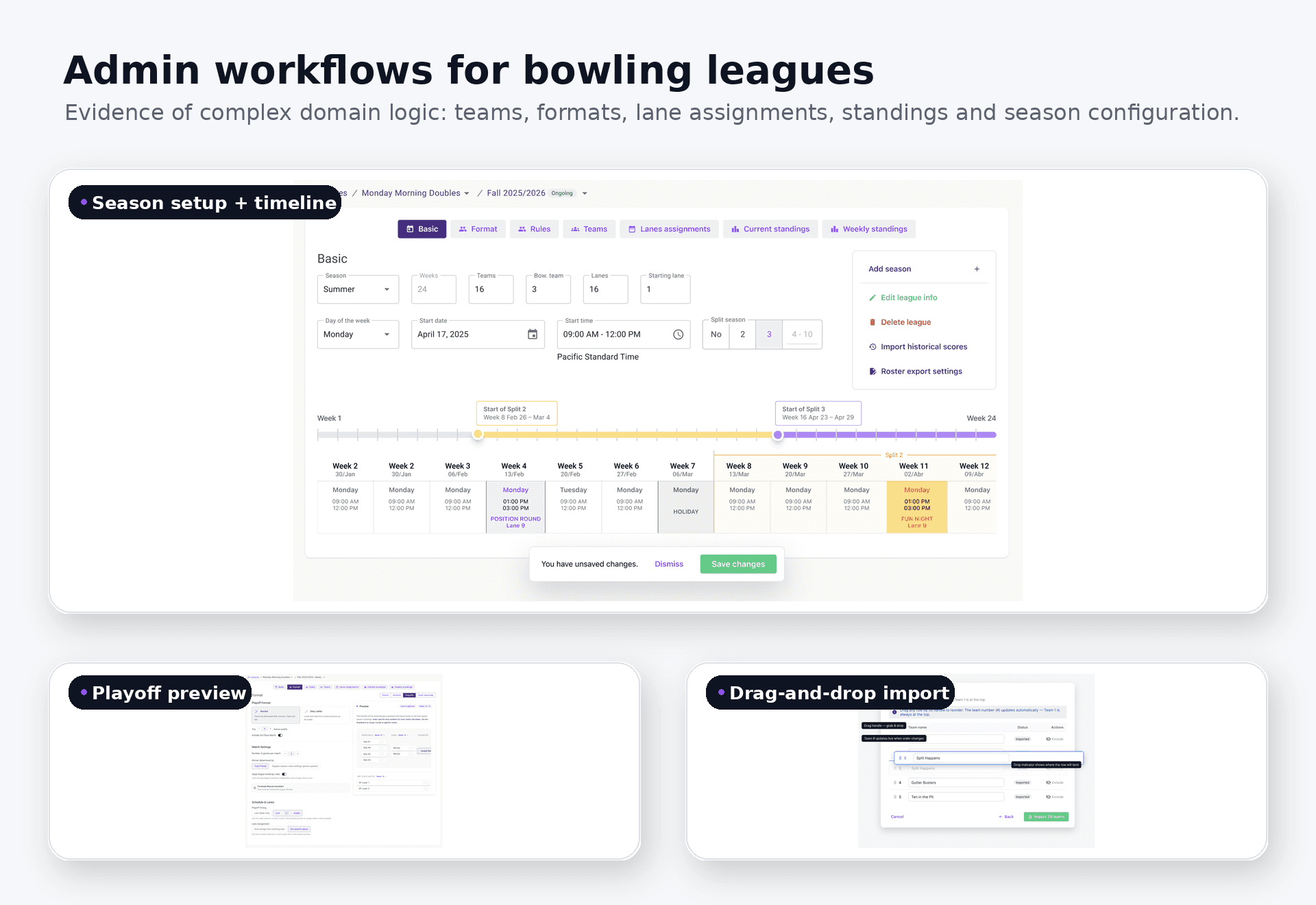 LaneTalk admin workflows showing league setup, team import, drag and drop ordering, playoff previews, and season scheduling