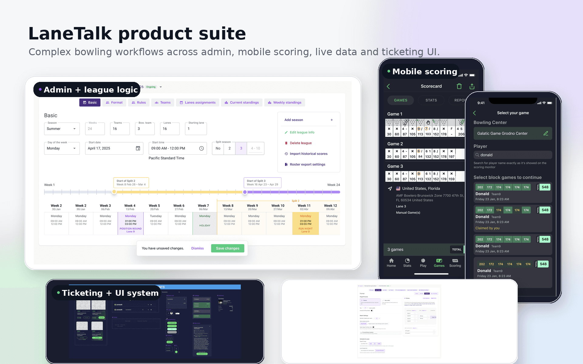 LaneTalk product suite showing admin workflows, mobile scoring flows, ticketing UI, and shared interface systems