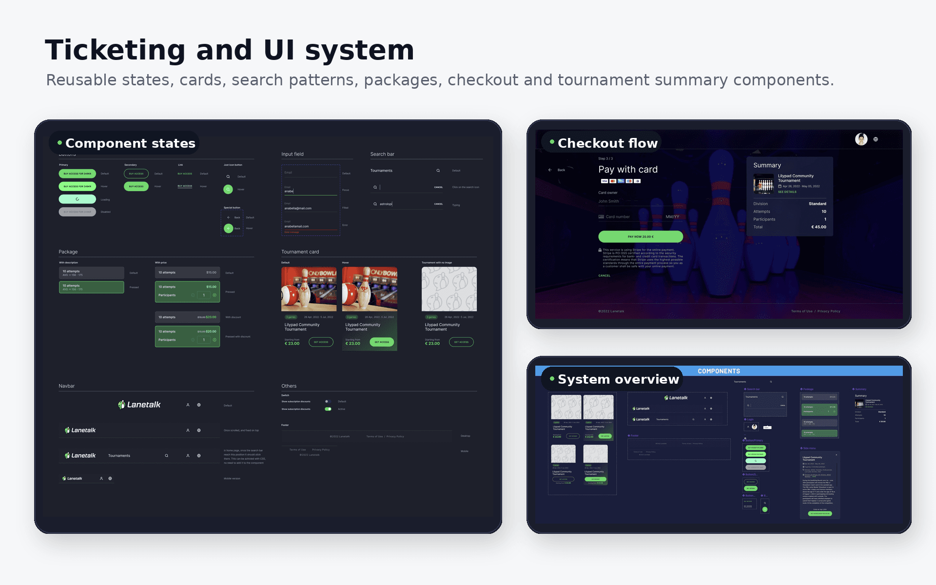 LaneTalk ticketing and UI system showing components, package cards, checkout, search, navigation, and state variants