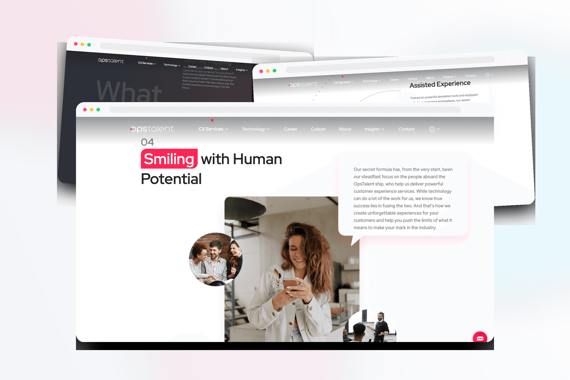 OpsTalent case-study hero showing a dark B2B website interface and lead frontend development tags