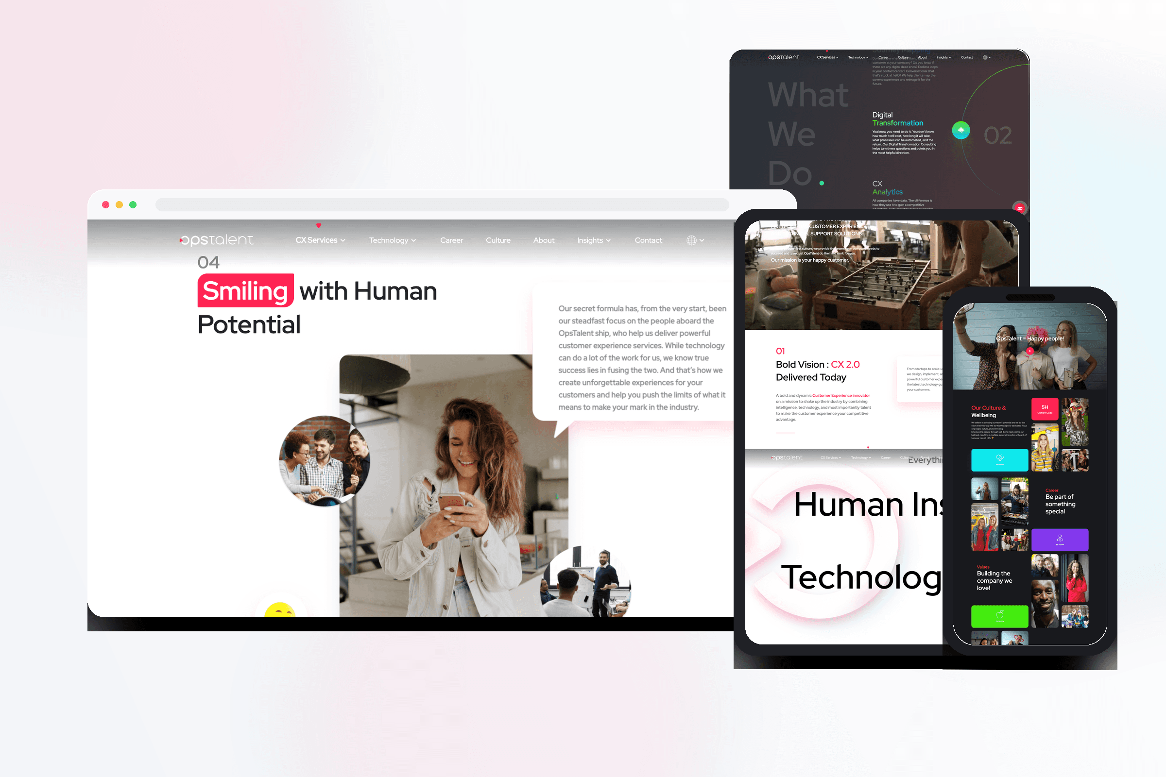 Composite of OpsTalent website screens showing homepage, culture, and contact sections