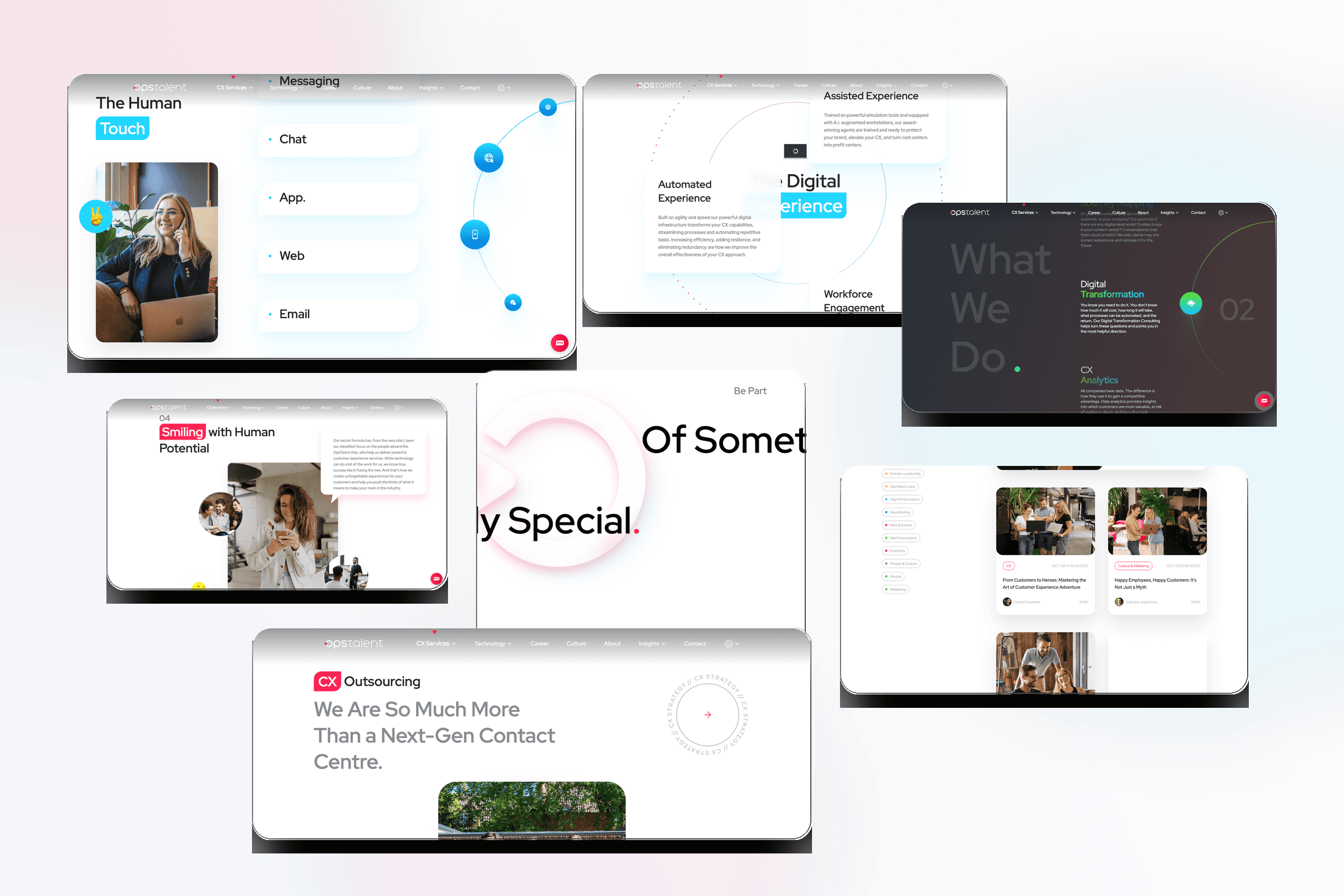 Annotated OpsTalent interaction proof points including hero video, service cards, culture storytelling, and contact flow
