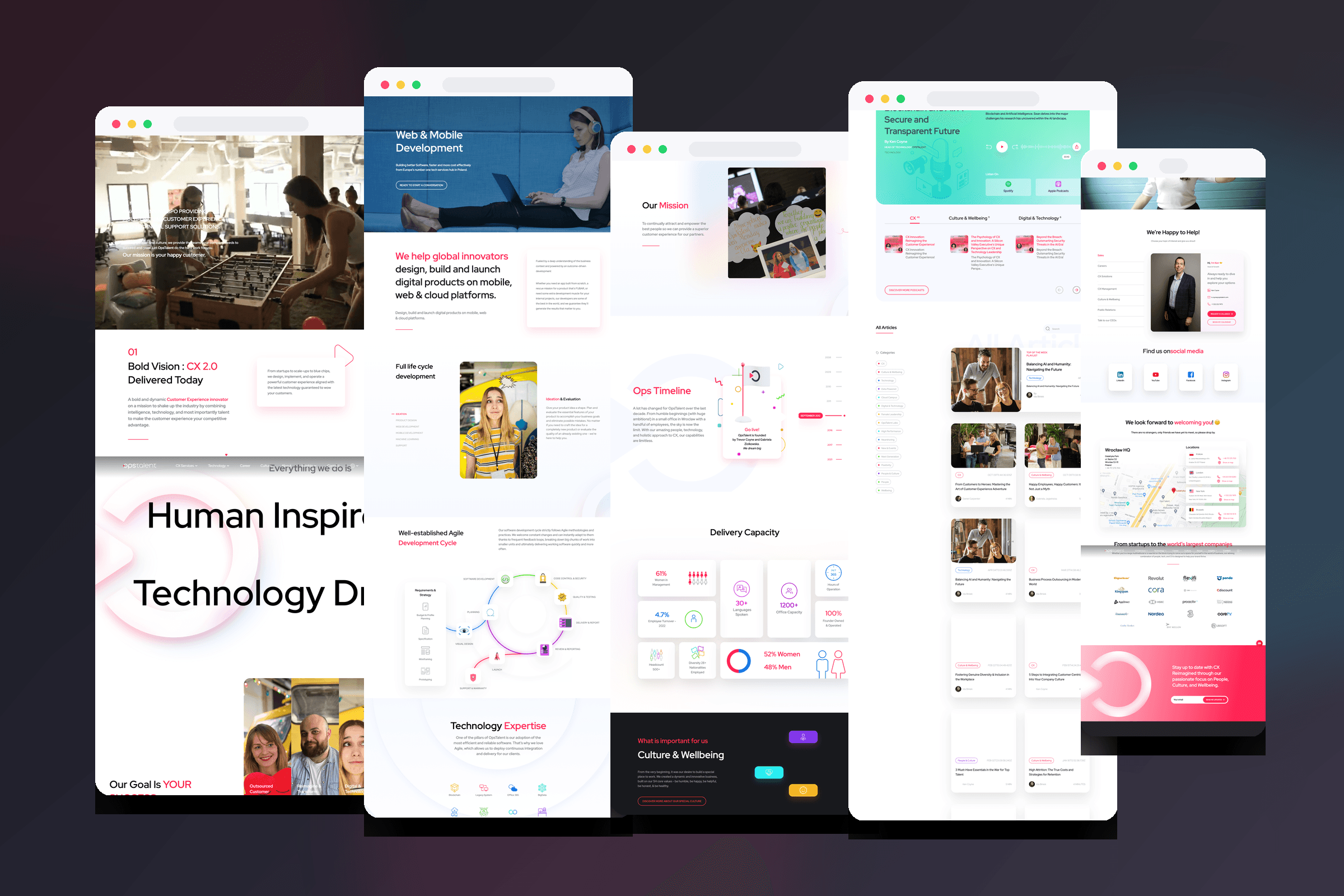 Long-scroll OpsTalent page system showing home, culture, and contact page depth